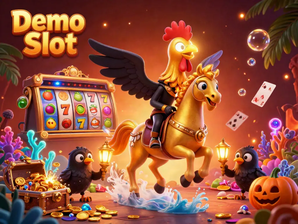 Play thrilling Demo Slot games in a vibrant casino scene with a golden rooster and treasures.