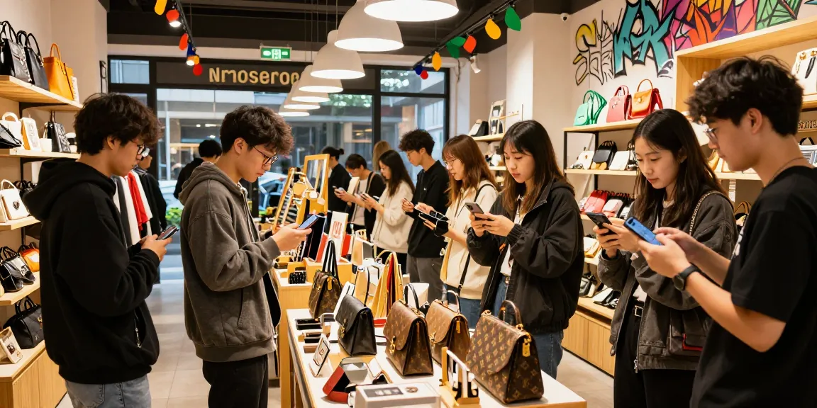 레플리카 쇼핑몰에서 쇼핑하는 젊은이들의 역동적인 장면