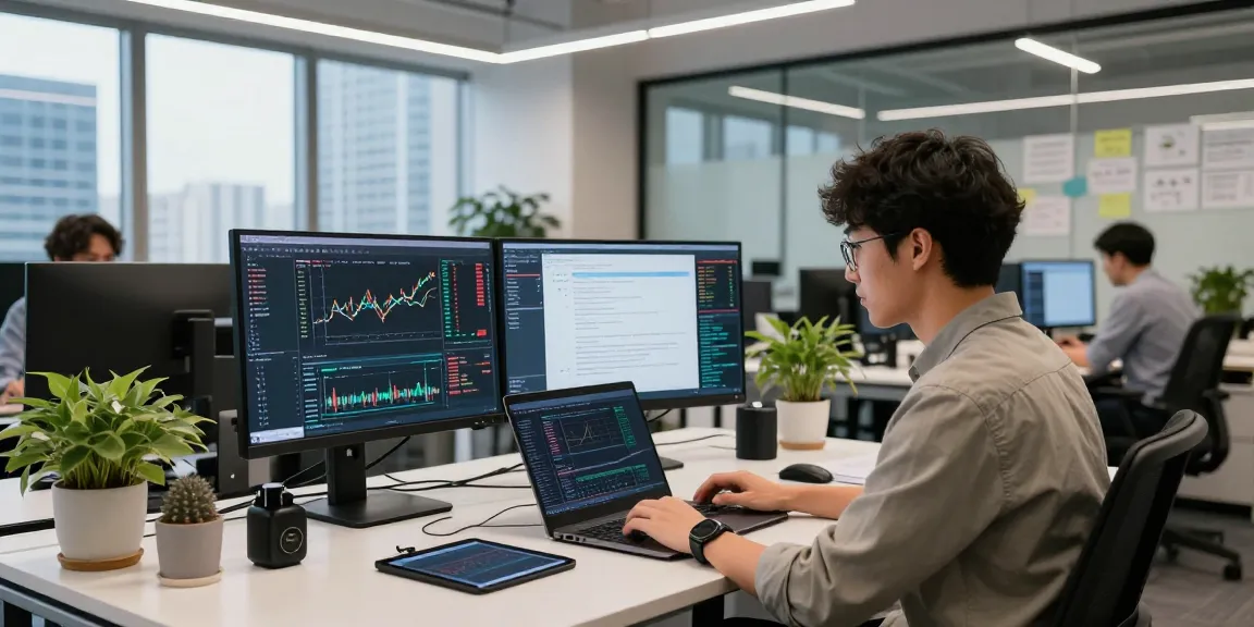 Real-time forex data coding with algorithmic forex data API on multiple screens in a modern office.