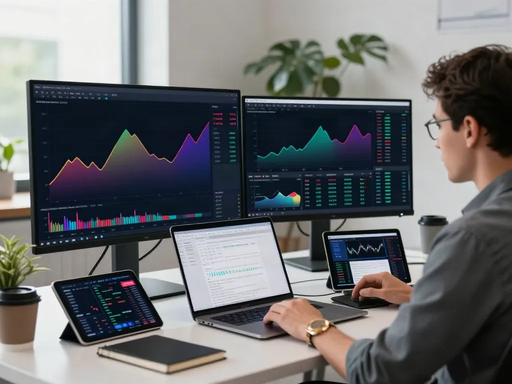 日経平均 リアルタイム API displayed on multiple monitors in a modern cryptocurrency trading environment surrounded by tech gadgets.