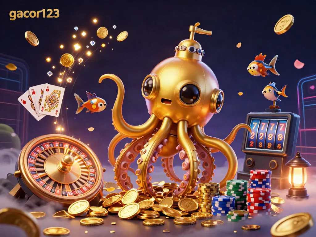 Win big today on gacor123 with vibrant 3D casino elements, golden coins, and a kraken submarine.