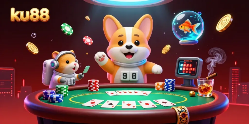 Experience thrilling poker action at ku88 with an astronaut corgi in a vibrant space casino.