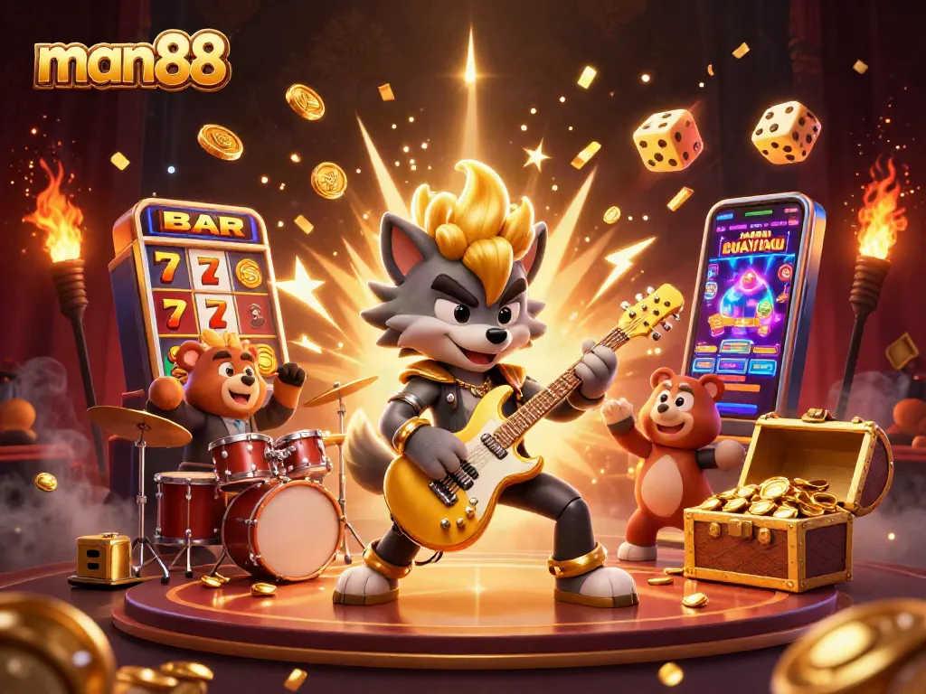 Experience thrilling gameplay at man88 with a vibrant casino scene featuring a rock star wolf and explosive jackpots.