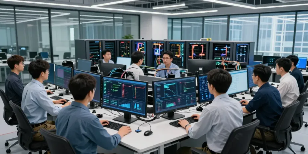 Engineers analyzing AI inference data in a modern data center