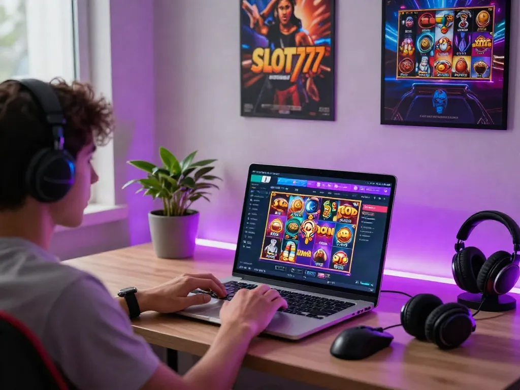 Player enjoying slot gacor maxwin on SLOT777, showcasing vibrant gaming interface and accessories.