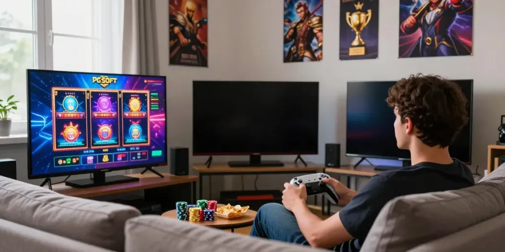 Exciting gaming atmosphere featuring slot server Thailand gameplay on a large screen in a cozy living room.