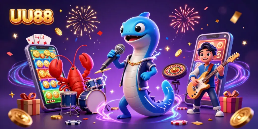 Spin to win with UU88 in a vibrant underwater casino scene featuring an electric eel DJ.