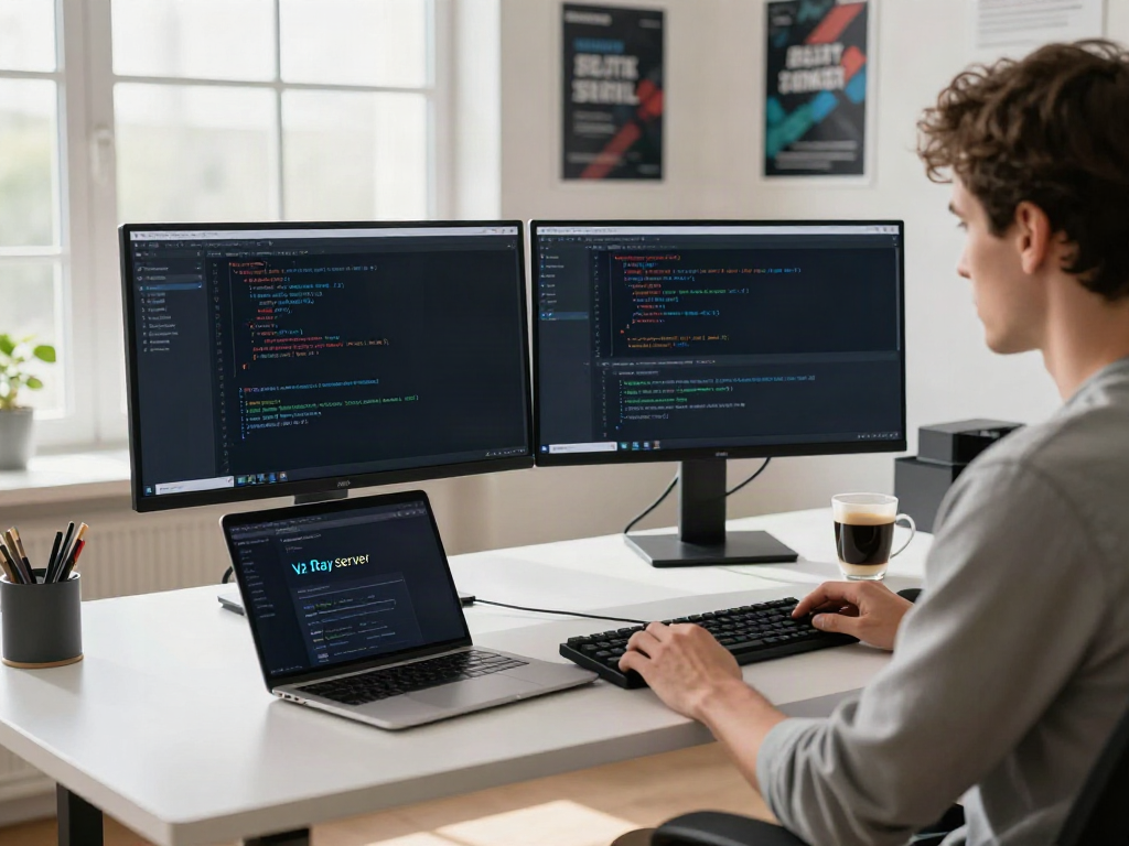A developer configuring v2rayN in a modern tech workspace with dual monitors and coding tools.