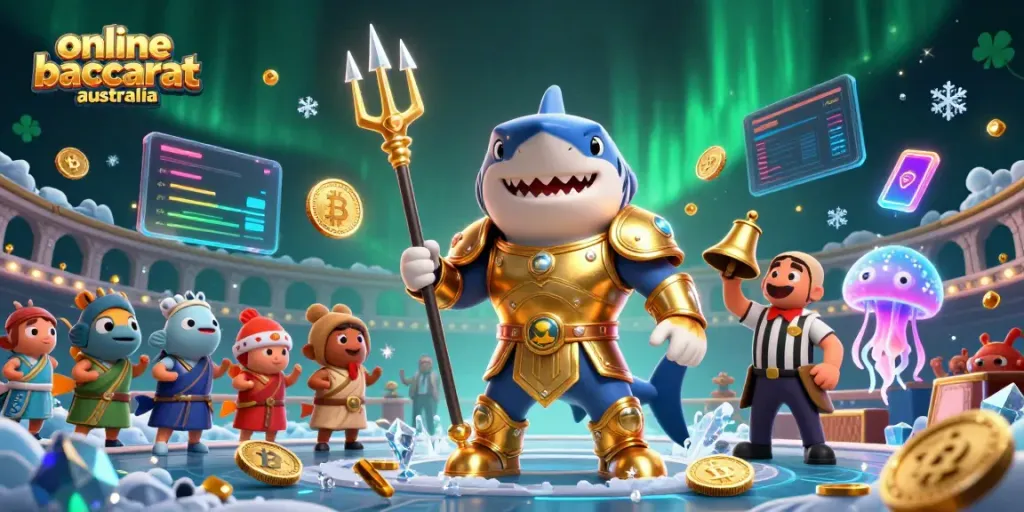 Experience thrilling online baccarat australia with an exciting underwater showdown featuring vibrant 3D characters and cryptocurrency elements.
