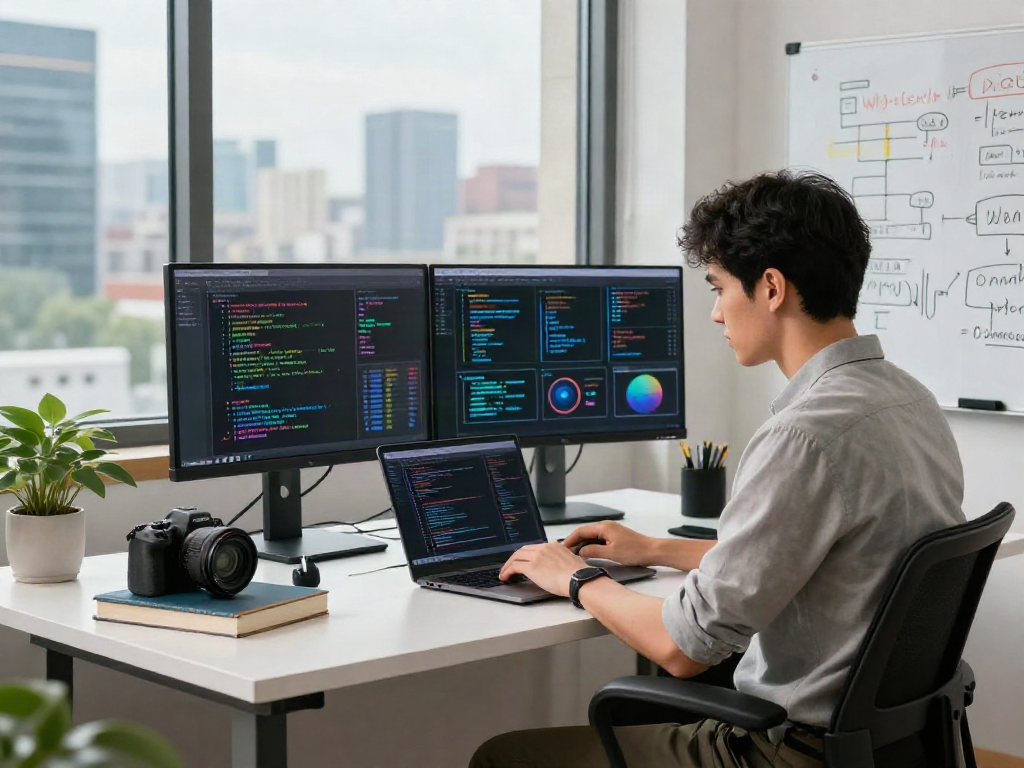 Developer demonstrating crush on ai concepts in a modern workspace with dual monitors displaying AI algorithms and city view.