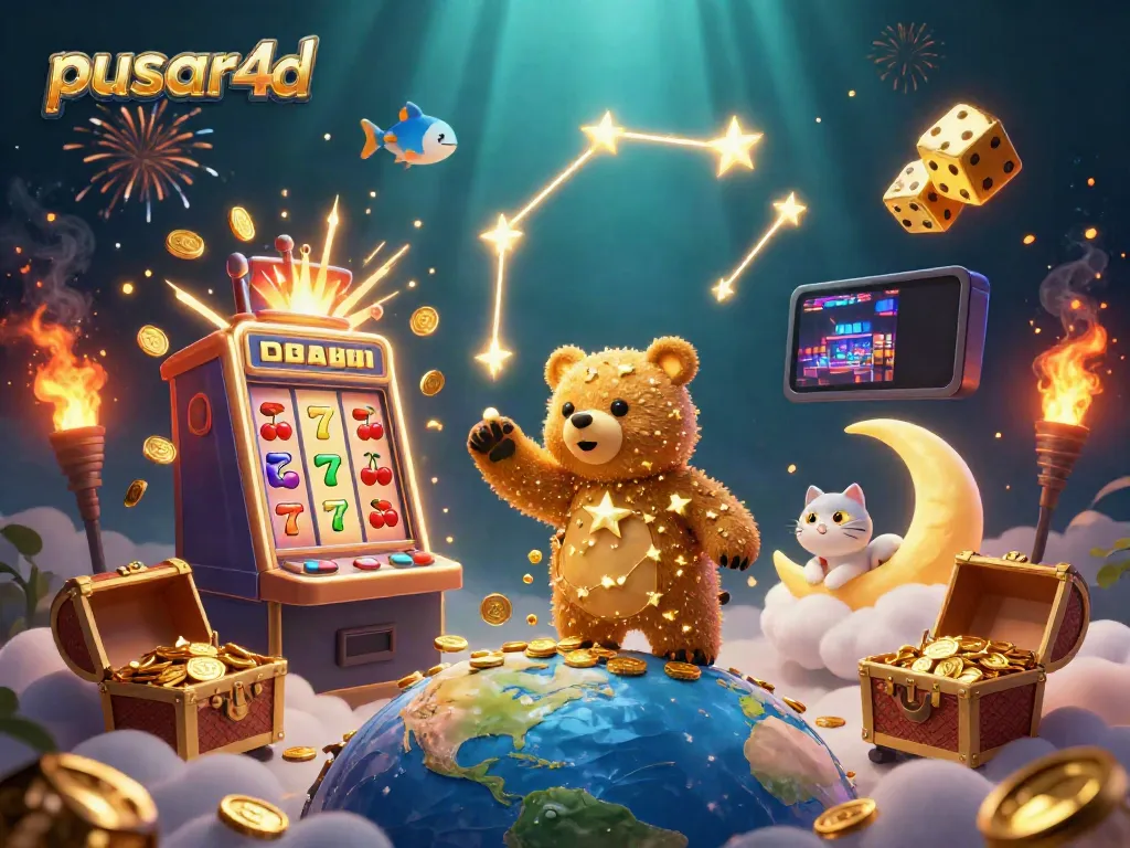 Experience the magic of pusar4d with a dazzling constellation bear scooping golden coins in a lively casino atmosphere.