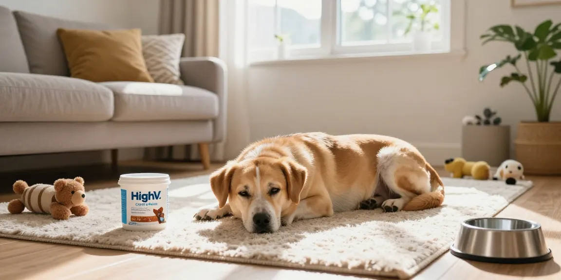 Calming Dog Treats tub next to a relaxed dog in a cozy living room, highlighting pet-friendly comfort.