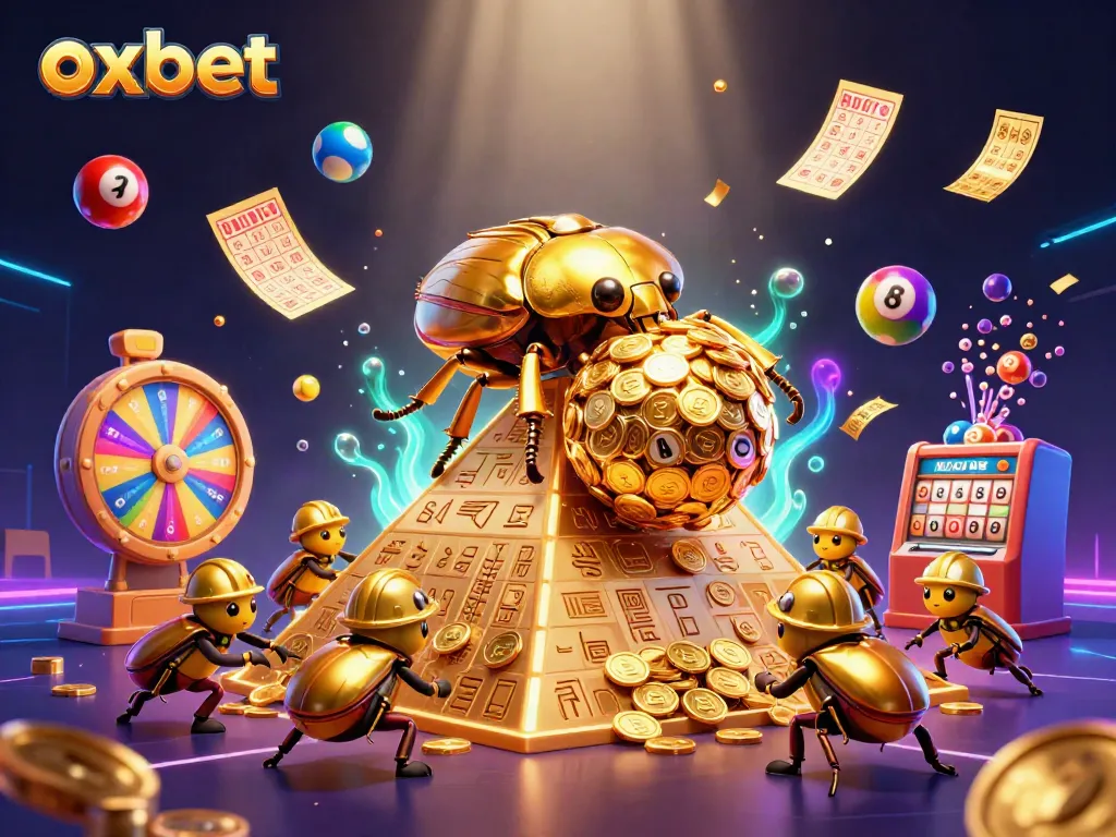 Experience thrilling gaming at Oxbet with exciting casino elements and vibrant lottery symbols.